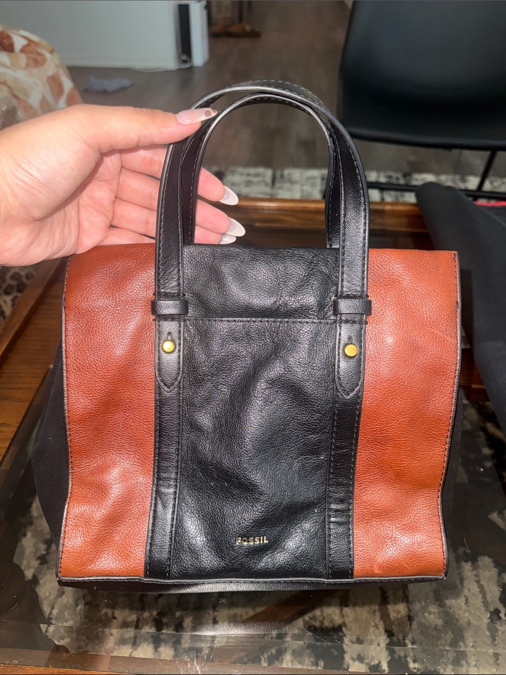 Fossil Black and Brown Leather Messenger Tote